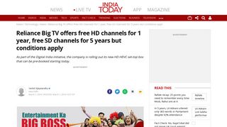 Reliance Big TV offers free HD channels for 1 year, free SD channels ...
