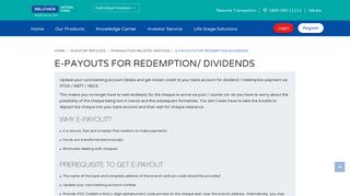 E-Payouts for Redemption / Dividends - Reliance Mutual Fund