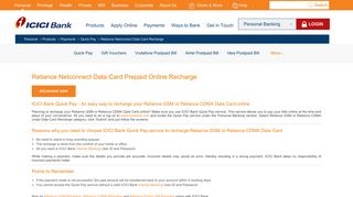 Reliance Netconnect Data Card Online Recharge - ICICI Bank