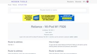 Reliance Wi-Pod M1 F926 Default Router Login and Password