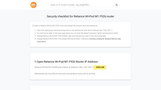 192.168.1.1 - Reliance Wi-Pod M1 F926 Router login and password