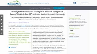 RemedyMD to Demonstrate Investigate™ Research Management ...
