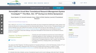 RemedyMD to Unveil New Translational Research Management ...