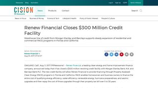 Renew Financial Closes $300 Million Credit Facility - PR Newswire