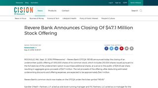 Revere Bank Announces Closing Of $47.1 Million Stock Offering