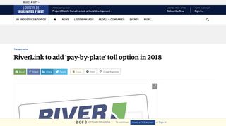 RiverLink to add 'pay-by-plate' toll option in 2018 - Louisville Business ...