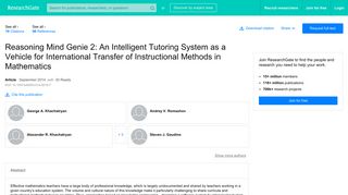 Reasoning Mind Genie 2: An Intelligent Tutoring System as a Vehicle ...