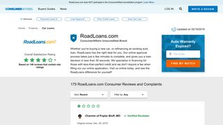 Top 175 Reviews and Complaints about RoadLoans.com