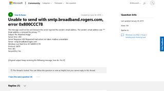 Unable to send with smtp.broadband.rogers.com, error 0x800CCC78 ...