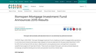 Romspen Mortgage Investment Fund Announces 2015 Results
