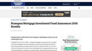Romspen Mortgage Investment Fund Announces 2016 Results - The ...