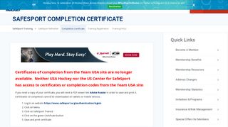 SafeSport Completion Certificate - USA Hockey