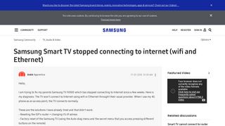 Samsung Smart TV stopped connecting to internet (wifi and Ethernet ...