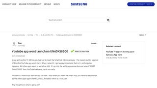 Solved: Youtube app wont launch on UN65KS8500 - Samsung ...