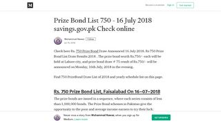 Prize Bond List 750 - 16 July 2018 savings.gov.pk Check online