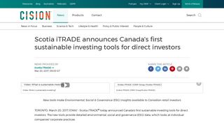 CNW | Scotia iTRADE announces Canada's first sustainable investing ...
