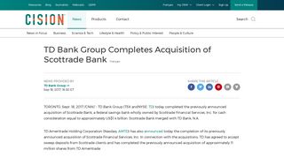 CNW | TD Bank Group Completes Acquisition of Scottrade Bank