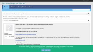 Need Advice Re:(Compromised SSL Certificate pop up warning before ...