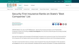 Security First Insurance Ranks on State's 