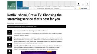 Netflix, shomi, Crave TV: Choosing the streaming service that's best for ...