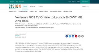 Verizon's FiOS TV Online to Launch SHOWTIME ANYTIME