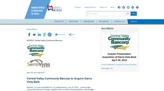 Central Valley Community Bancorp to Acquire Sierra Vista Bank