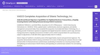 VASCO Completes Acquisition of Silanis Technology, Inc.