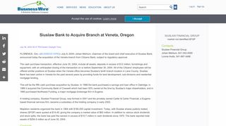 Siuslaw Bank to Acquire Branch at Veneta, Oregon | Business Wire