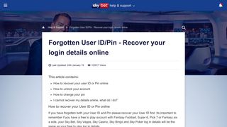 Forgotten User ID/Pin - Recover your login details ... - SKY BET support
