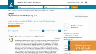 SkyBlue Insurance Agency, Inc. | Complaints | Better Business Bureau ...