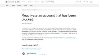 Reactivate an account that has been blocked - OneDrive