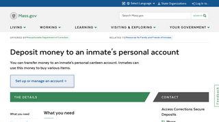 Deposit money to an inmate's personal account | Mass.gov