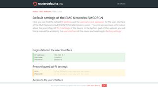 Default settings of the SMC Networks SMCD3GN - routerdefaults.org