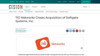TIO Networks Closes Acquisition of Softgate Systems, Inc.