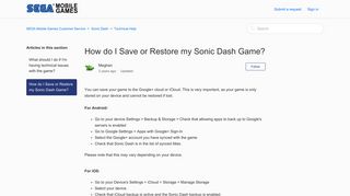 How do I Save or Restore my Sonic Dash Game? – SEGA Mobile ...