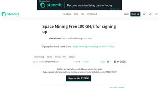 Space Mining Free 100 GH/s for signing up — Steemit