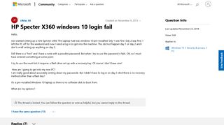HP Specter X360 windows 10 login fail - Microsoft Community
