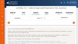 osCMax 2.5 - '/admin/login.php?Username' SQL Injection