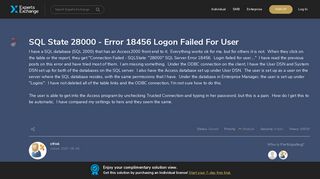 SQL State 28000 - Error 18456 Logon Failed For User