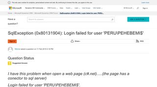SqlException (0x80131904): Login failed for user 'PERUPEHEBEMI ...