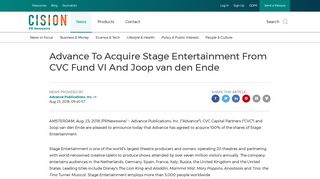 Advance To Acquire Stage Entertainment From CVC Fund VI And ...