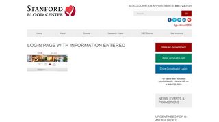 Login page with information entered — Stanford Blood Center