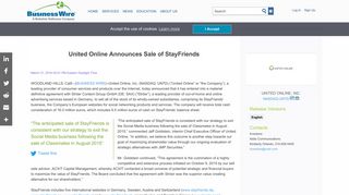 United Online Announces Sale of StayFriends | Business Wire
