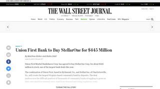Union First Bank to Buy StellarOne for $445 Million - WSJ