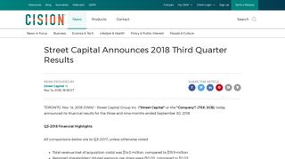 Street Capital Announces 2018 Third Quarter Results