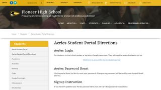 Pioneer High School Aeries Student Portal Directions