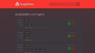 studyladder.com passwords - BugMeNot