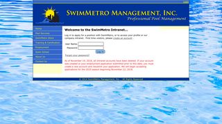 SwimMetro Management - Intranet Login Page