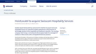 HoistLocatel to acquire Swisscom Hospitality Services | Swisscom