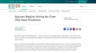 Sycuan Begins Hiring for Over 700 New Positions - PR Newswire